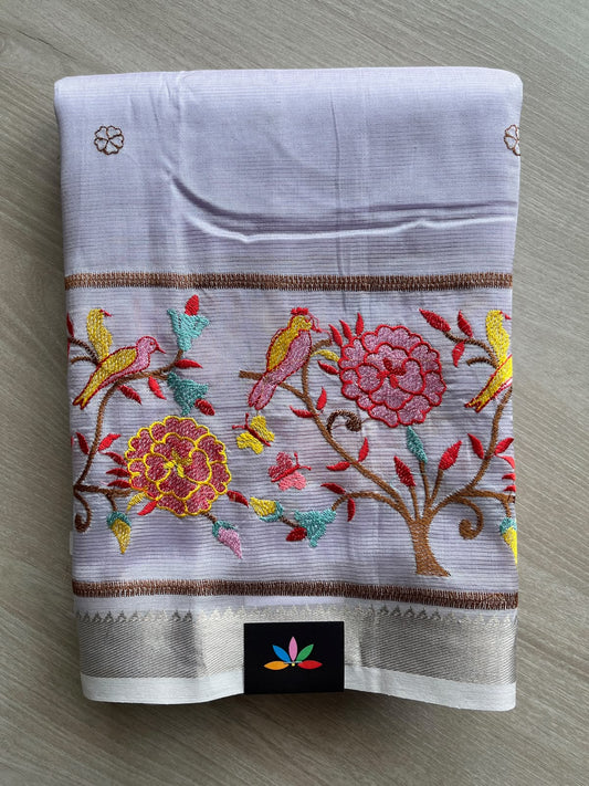 Lavender Shade Embroidered Handloom Mangalagiri Silk Cotton Saree - 37561