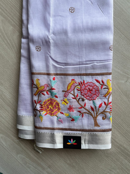 Lavender Shade Embroidered Handloom Mangalagiri Silk Cotton Saree - 37561