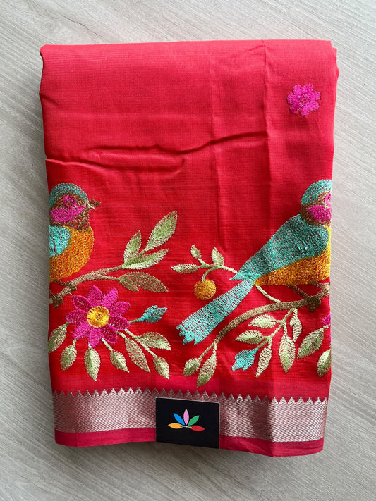 Scarlet Red Embroidered Handloom Mangalagiri Silk Cotton Saree - 37563-37564