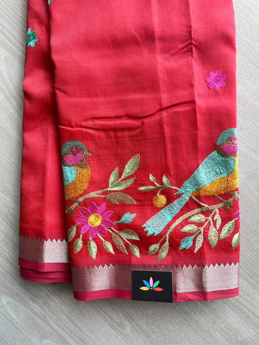 Scarlet Red Embroidered Handloom Mangalagiri Silk Cotton Saree - 37563-37564