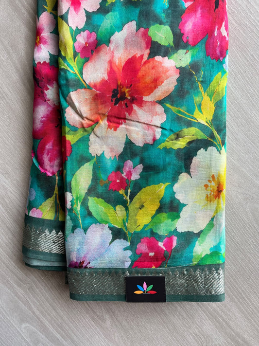 Pine Green Digital Printed Mangalagiri Silk Cotton Saree - 37565