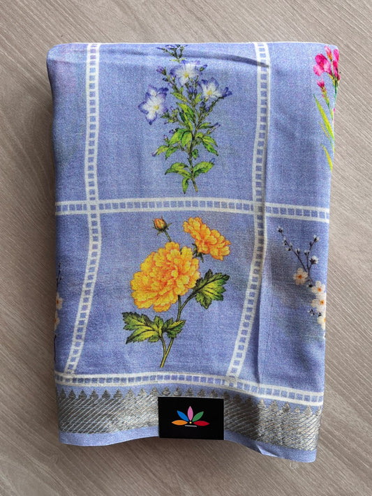 Ice Blue Digital Printed Mangalagiri Silk Cotton Saree - 37570