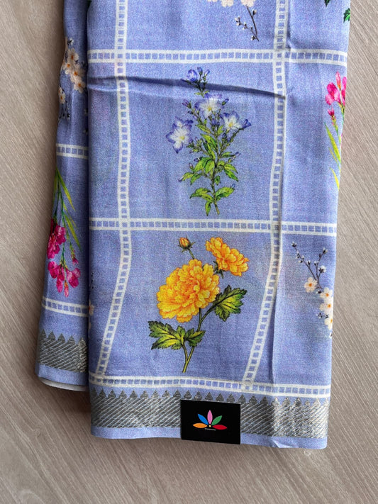 Ice Blue Digital Printed Mangalagiri Silk Cotton Saree - 37570