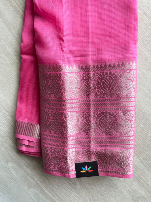 Persian Pink Kanchi Border Handloom Mangalagiri Silk Cotton Saree - 37573