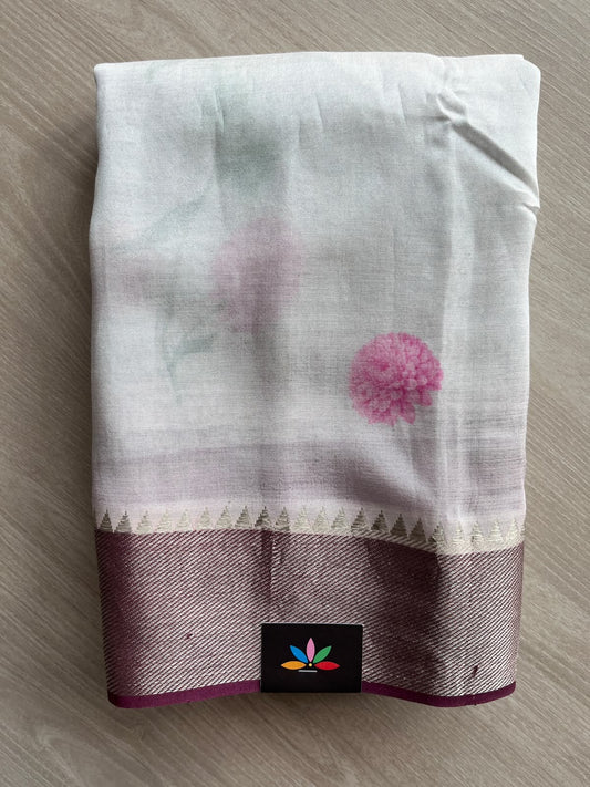Off-White Big Border Digital Printed Mangalagiri Silk Cotton Saree - 37575
