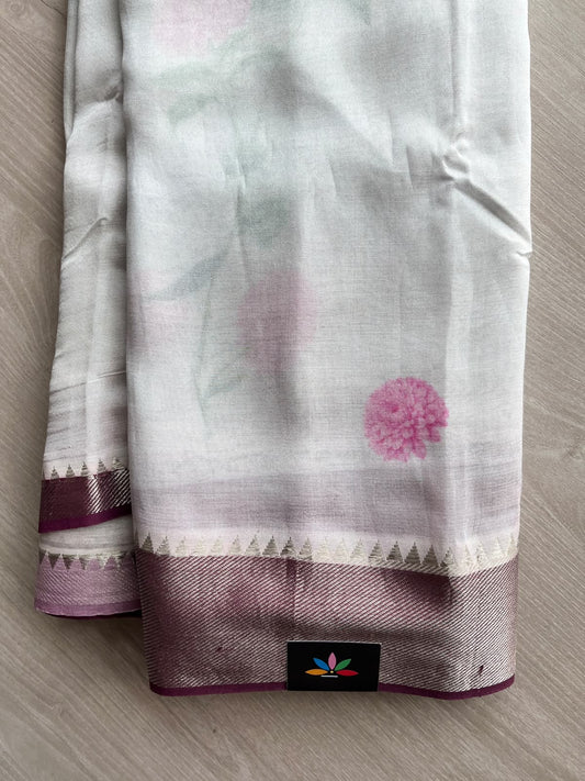 Off-White Big Border Digital Printed Mangalagiri Silk Cotton Saree - 37575