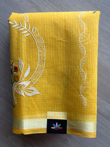 Golden Yellow Machine Embroidered Blended Kota Saree - 37606