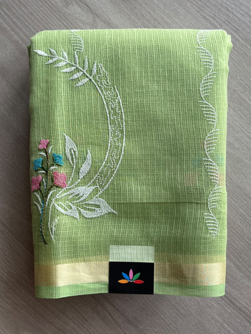 Pistachio Green Machine Embroidered Blended Kota Saree - 37607
