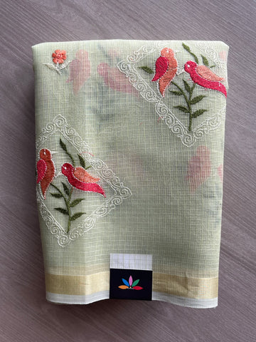 Tea Green Machine Embroidered Blended Kota Saree - 37610