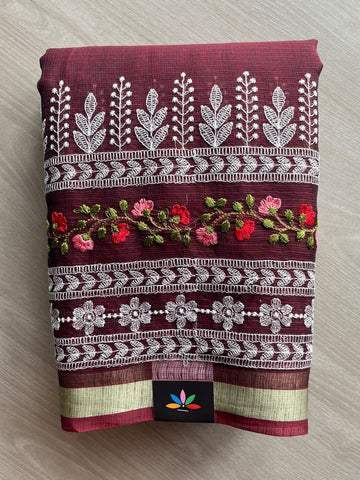 Wine Berry Machine Embroidered Blended Kota Saree - 37613