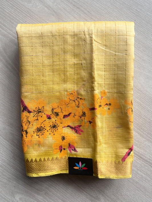 Light Gold Temple Border Checked Digital Printed Mangalagiri Silk Cotton Saree - 37675