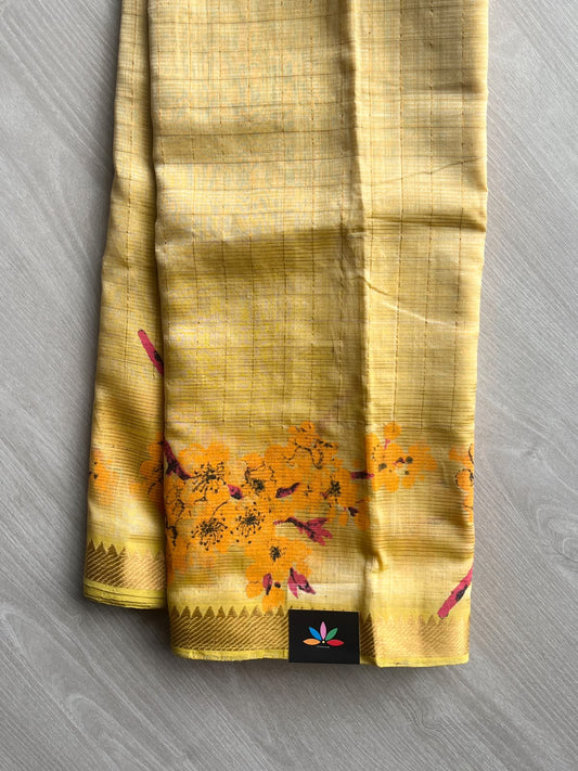 Light Gold Temple Border Checked Digital Printed Mangalagiri Silk Cotton Saree - 37675