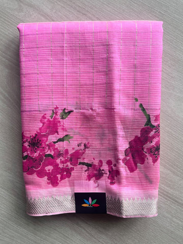 Rose Pink Temple Border Checked Digital Printed Mangalagiri Silk Cotton Saree - 37676