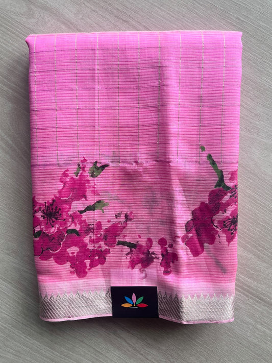 Rose Pink Temple Border Checked Digital Printed Mangalagiri Silk Cotton Saree - 37676