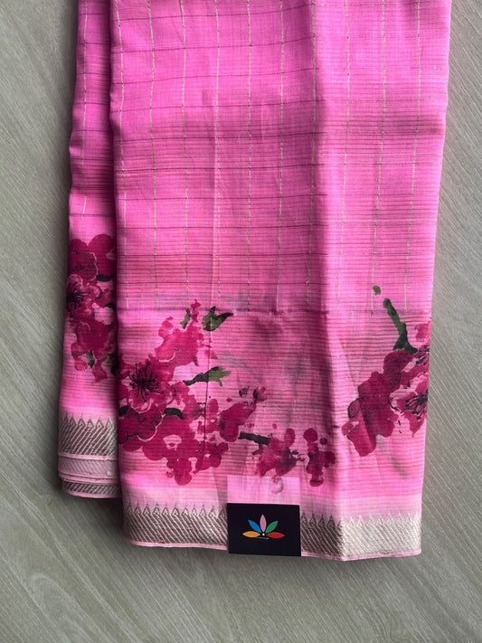 Rose Pink Temple Border Checked Digital Printed Mangalagiri Silk Cotton Saree - 37676