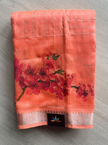 Salmon Red Temple Border Checked Digital Printed Mangalagiri Silk Cotton Saree - 37677