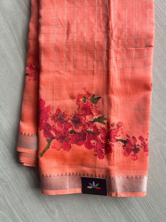 Salmon Red Temple Border Checked Digital Printed Mangalagiri Silk Cotton Saree - 37677