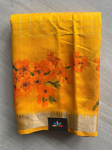 Turmeric Yellow Temple Border Checked Digital Printed Mangalagiri Silk Cotton Saree - 37678