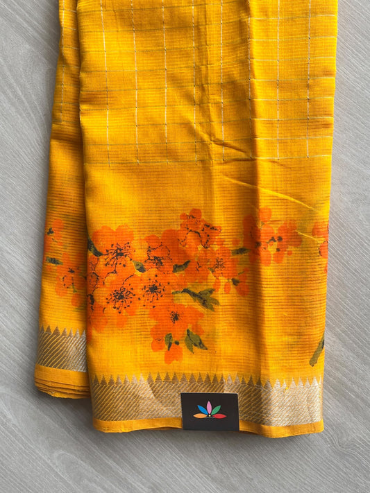Turmeric Yellow Temple Border Checked Digital Printed Mangalagiri Silk Cotton Saree - 37678