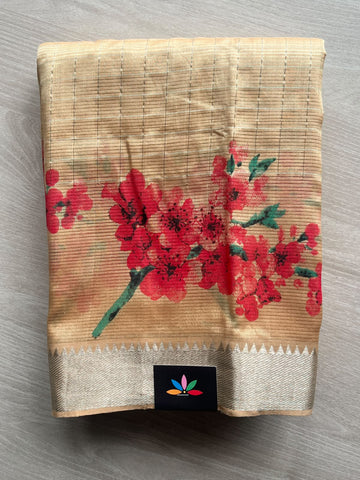 Pale Gold Temple Border Checked Digital Printed Mangalagiri Silk Cotton Saree - 37679