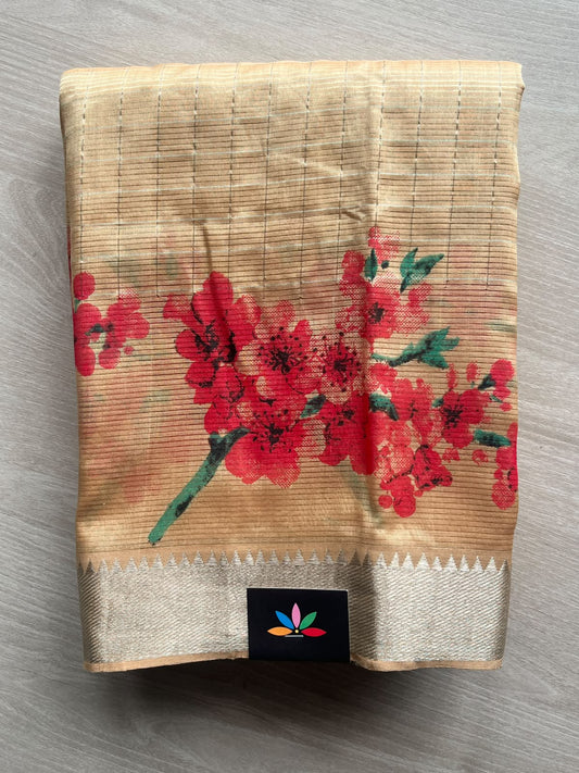 Pale Gold Temple Border Checked Digital Printed Mangalagiri Silk Cotton Saree - 37679