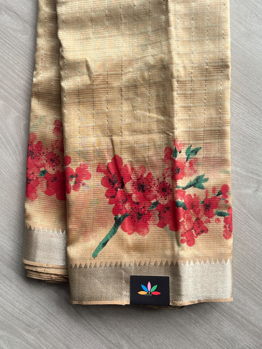 Pale Gold Temple Border Checked Digital Printed Mangalagiri Silk Cotton Saree - 37679