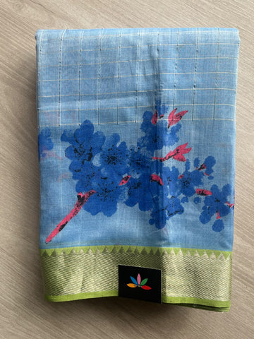 Light Blue Temple Border Checked Digital Printed Mangalagiri Silk Cotton Saree - 37680