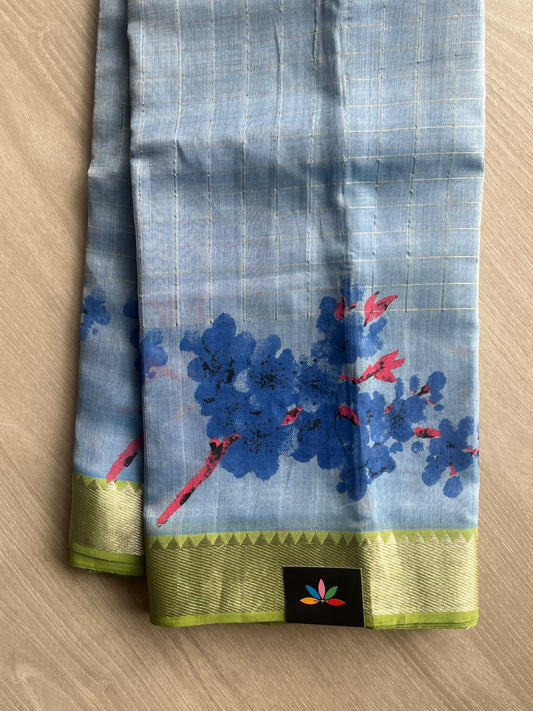 Light Blue Temple Border Checked Digital Printed Mangalagiri Silk Cotton Saree - 37680