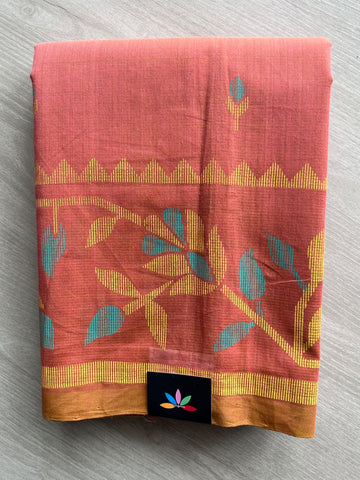 Coral Pink Jamdani Design Print Handloom Mangalagiri Cotton Saree - 37692