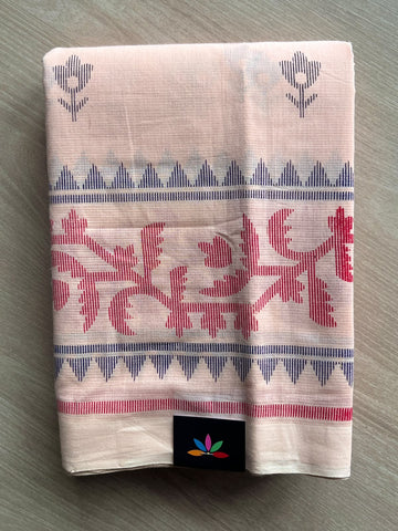 Apricot Pink Jamdani Design Print Handloom Mangalagiri Cotton Saree - 37693