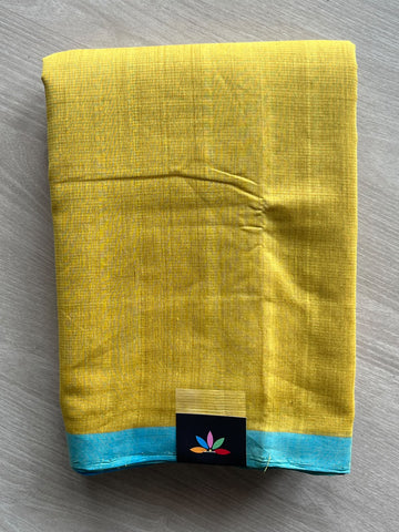 Mustard Yellow Contrast Border Plain Mangalgiri Cotton Saree - 37699