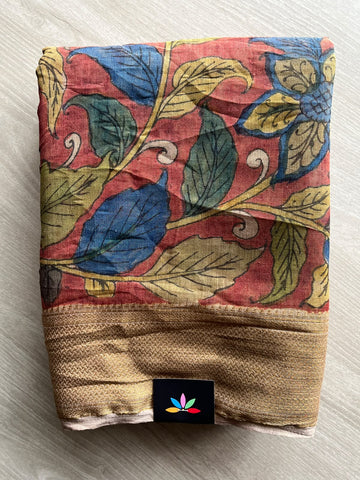 Pastel Red Hand-Painted Kalamkari Tussar Silk Saree - 37718