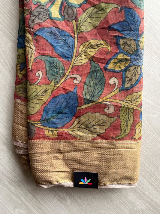 Pastel Red Hand-Painted Kalamkari Tussar Silk Saree - 37718