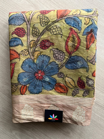 Pastel Olive Green Hand-Painted Kalamkari Viscose Cotton Saree - 37719