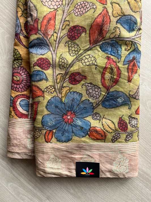 Pastel Olive Green Hand-Painted Kalamkari Viscose Cotton Saree - 37719