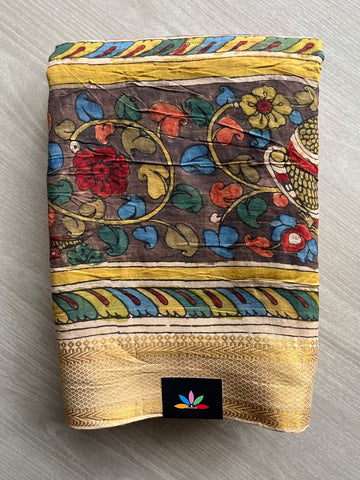 Maroon Hand-Painted Kalamkari Viscose Cotton Saree - 37721