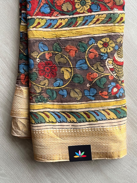Maroon Hand-Painted Kalamkari Viscose Cotton Saree - 37721
