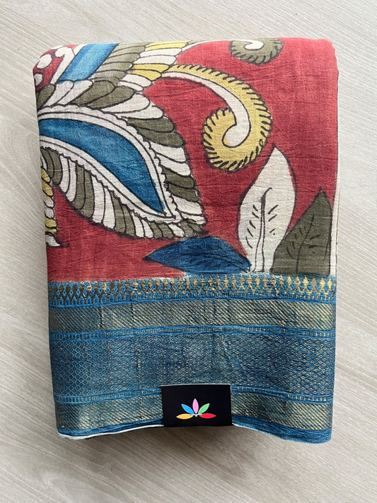 Brick Red Hand-Painted Kalamkari Viscose Cotton Saree - 37722