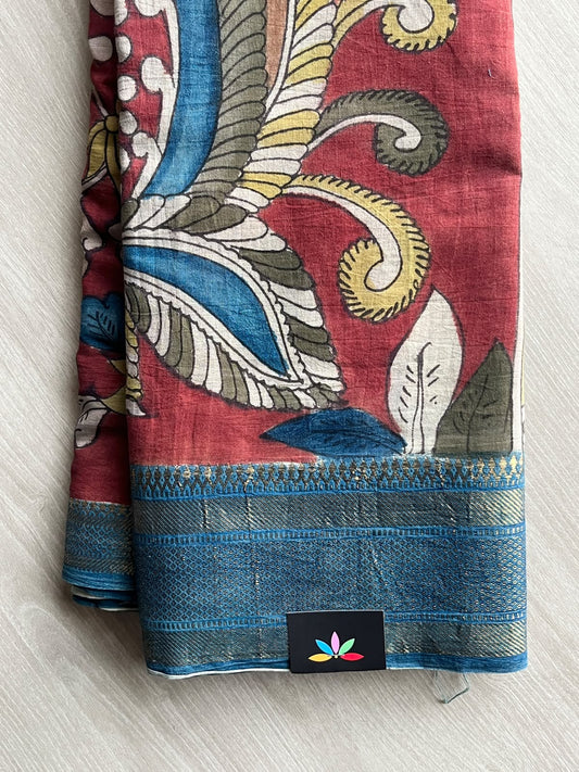 Brick Red Hand-Painted Kalamkari Viscose Cotton Saree - 37722