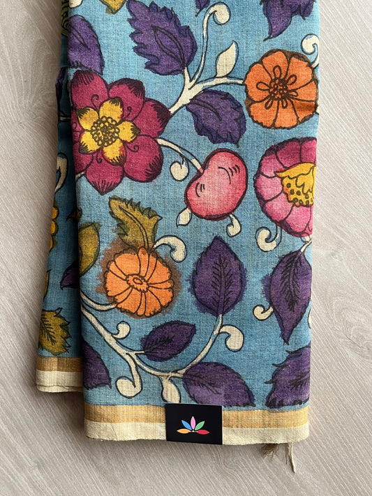 Grey-Blue Hand-Painted Kalamkari Tussar Silk Saree - 37723