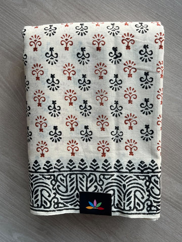 Off-White Handblock Printed Premium Cotton Saree - 37724