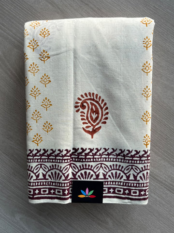 Off-White Handblock Printed Premium Cotton Saree - 37727