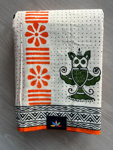 Off-White Handblock Printed Premium Cotton Saree - 37729