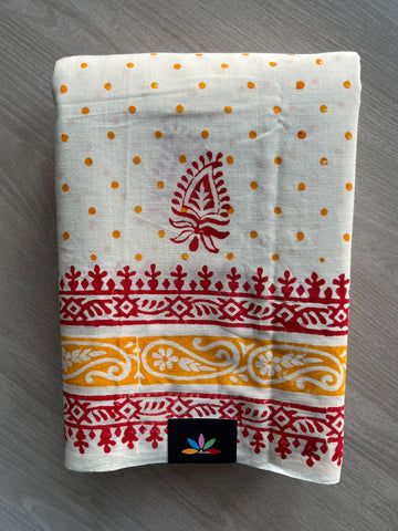 Off-White Handblock Printed Premium Cotton Saree - 37732