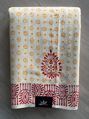 Off-White Handblock Printed Premium Cotton Saree - 37733