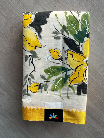 Off-White Hand Painted Bengal Cotton Saree (Without Blouse) - 37735