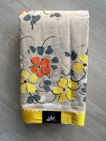 Parchmenrt Beige Hand Painted Bengal Cotton Saree (Without Blouse) - 37736