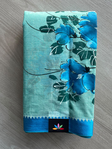Light Turquoise Hand Painted Bengal Cotton Saree (Without Blouse) - 37737