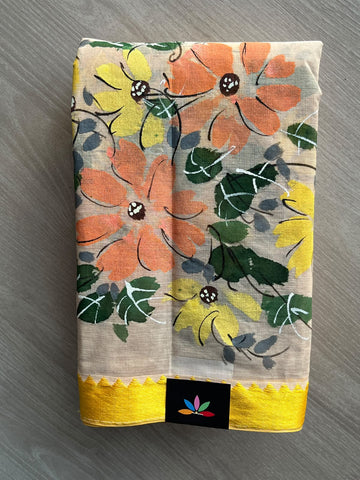 Parchment Beige Hand Painted Bengal Cotton Saree (Without Blouse) - 37738