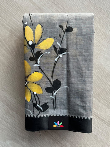 Pewter Grey Hand Painted Bengal Cotton Saree (Without Blouse) - 37740